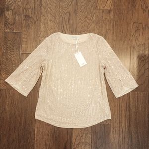 Sparkle sequin party top, shimmer glitter sequins, 3/4 slit sleeve, gold
